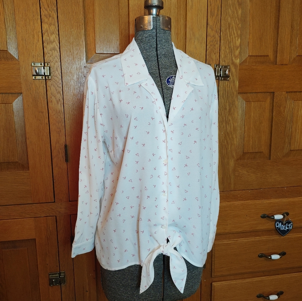Lauren Conrad ivory hearts & stars tie waist long sleeve button down top